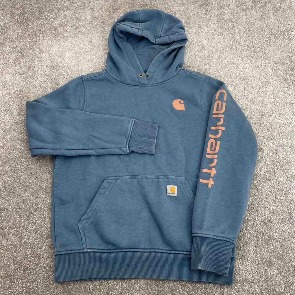 Carhartt Hoodie Womens Small 4 6 Relaxed Fit Sweatshirt Fleece Logo Sleeve Blue